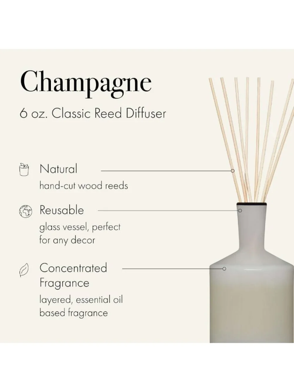 Champagne Reed Diffuser - 6 oz, Up to 3 Months Fragrance, Hand Blown Glass